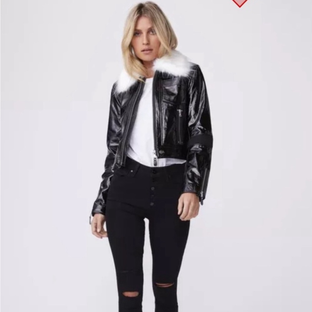 NWT $750 Paige Camdyn 100% genuine leather patent jacket faux fur collar - XS